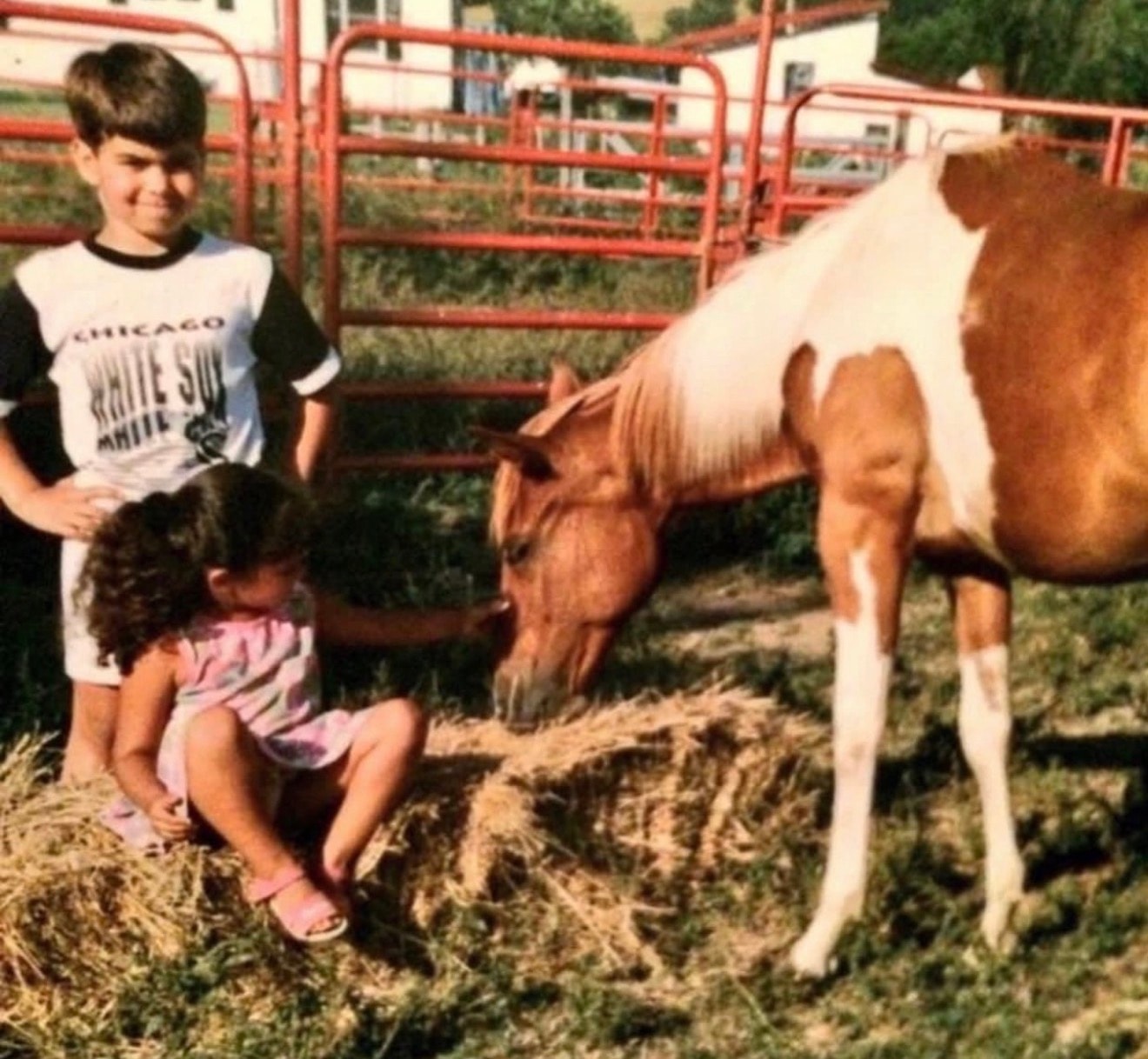 Young girl sitting beside a horse at a family farm