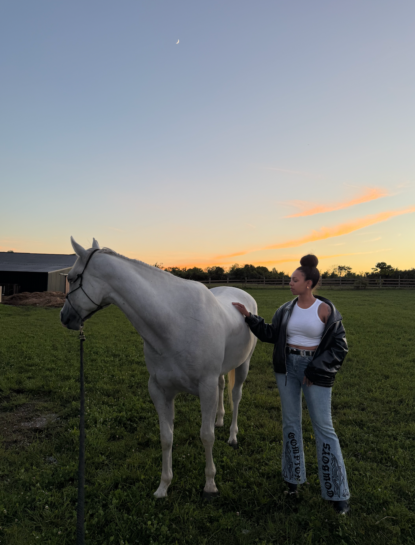 Woman standing beside a white horse at sunset